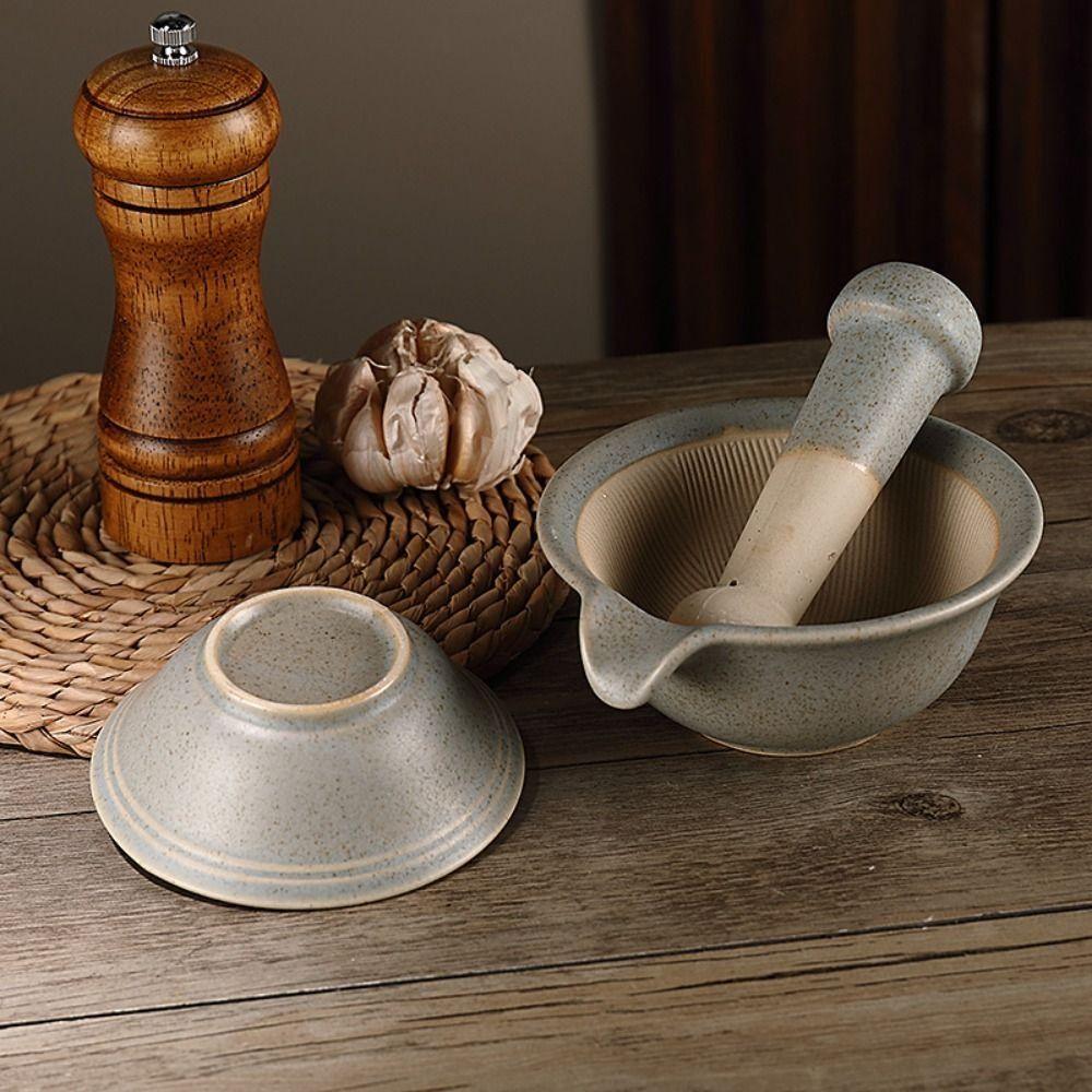 Ceramic Rice Paste Bowl Manual Garlic Mortar Pestle Easy To Clean Grinding Bowl Rod Set Spice