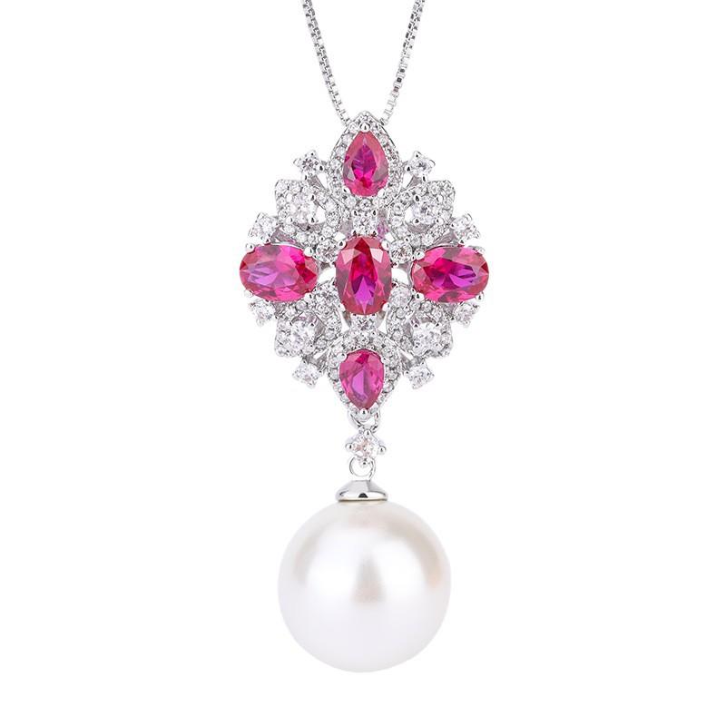 Inlaid white rhombus oval blue diamond zircon pearl pendant necklace simple retro personalized necklace