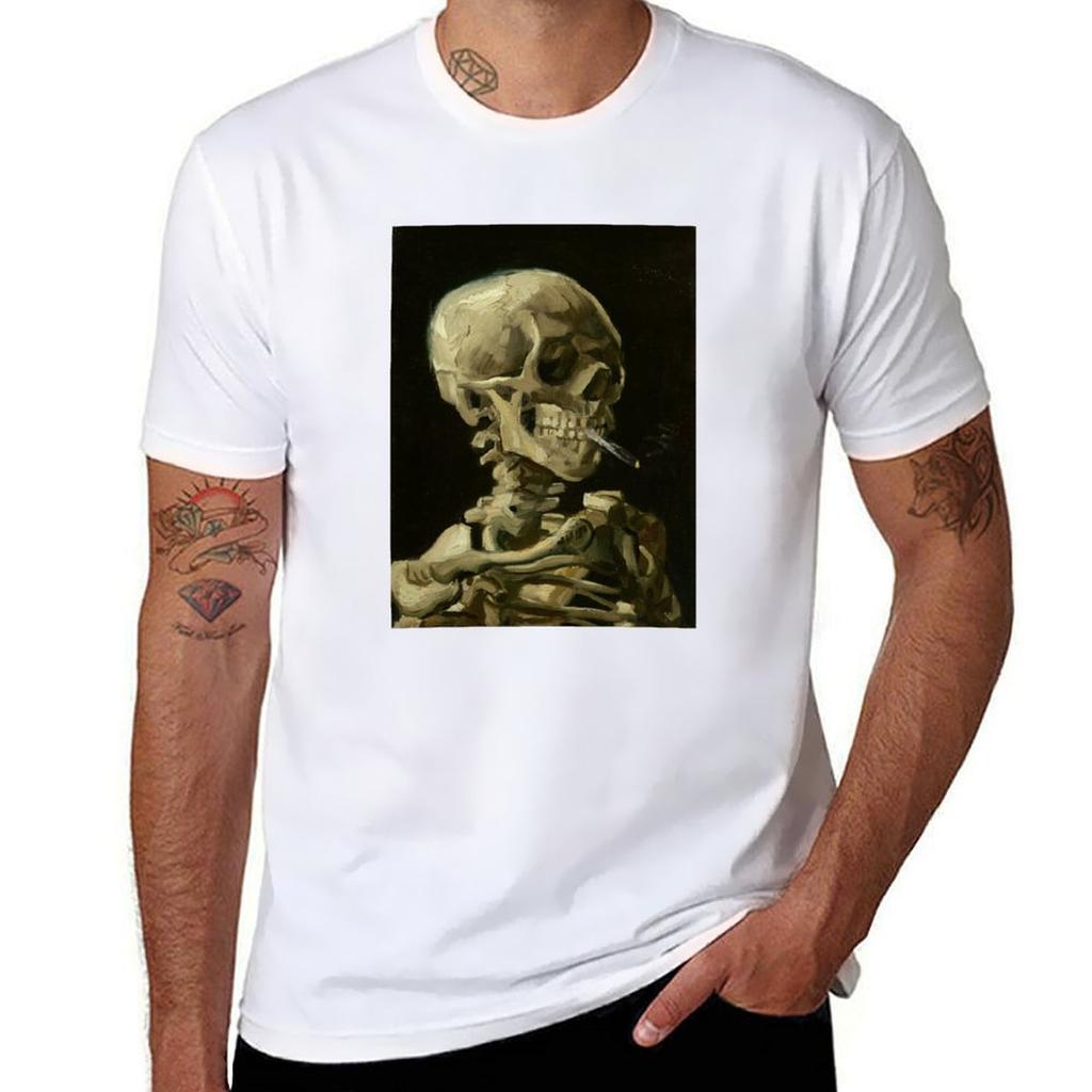 Head Of A Skeleton With A Burning Cigarette Vincent Van Gough Tshirt Casual Pattern Print Tee Shirt