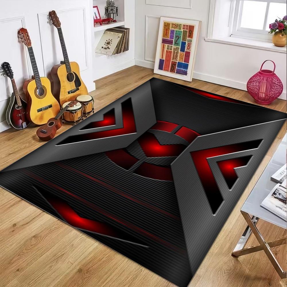 Tech Style 3D Mechanical Geometric Pattern Carpet Black Red Cool Visual Effect Floor Mat for Living Room Game Room Home Decor