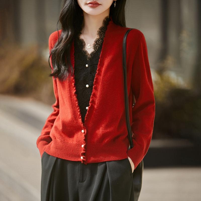 Lace Splicing Fake Two-Piece Knitted Cardigan Women'S New Worsted Wool Long-Sleeved Warm Backing Sweater Top