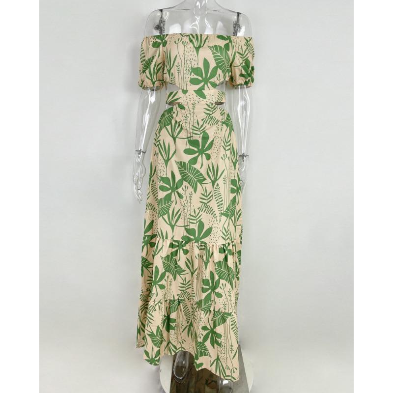 Women Sexy Off Shoulder Printed Lace Up Cutout High Waist Slim Fit Long Swing Dress
