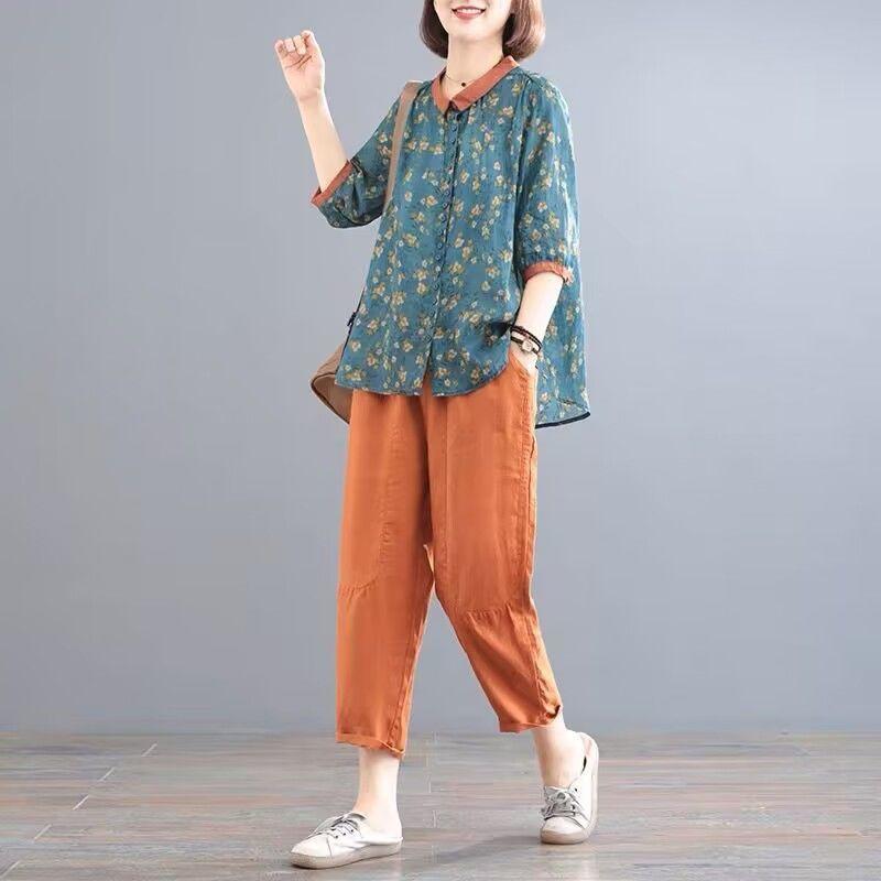 Женская мода хлопок лен 2 шт ретро женский продвинутый принт комплект из двух частей весна лето дамы короткий рукав тонкий костюм