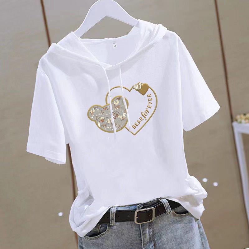 Women's Short Sleeve Hooded T Shirt Loose Fit Summer Casual Slimming Youthful White Top