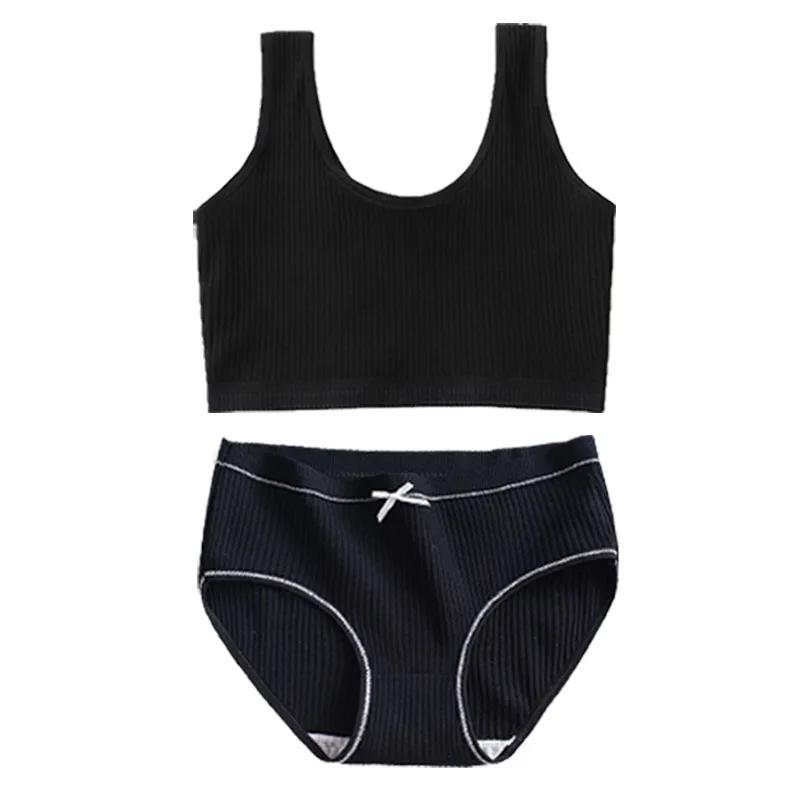 Хлопковые трусики и бюстгальтеры для девочек-подростков, хлопковый тренировочный бюстгальтер и трусики для девочек-подростков, однотонный детский спортивный бюстгальтер, трусы, нижнее белье