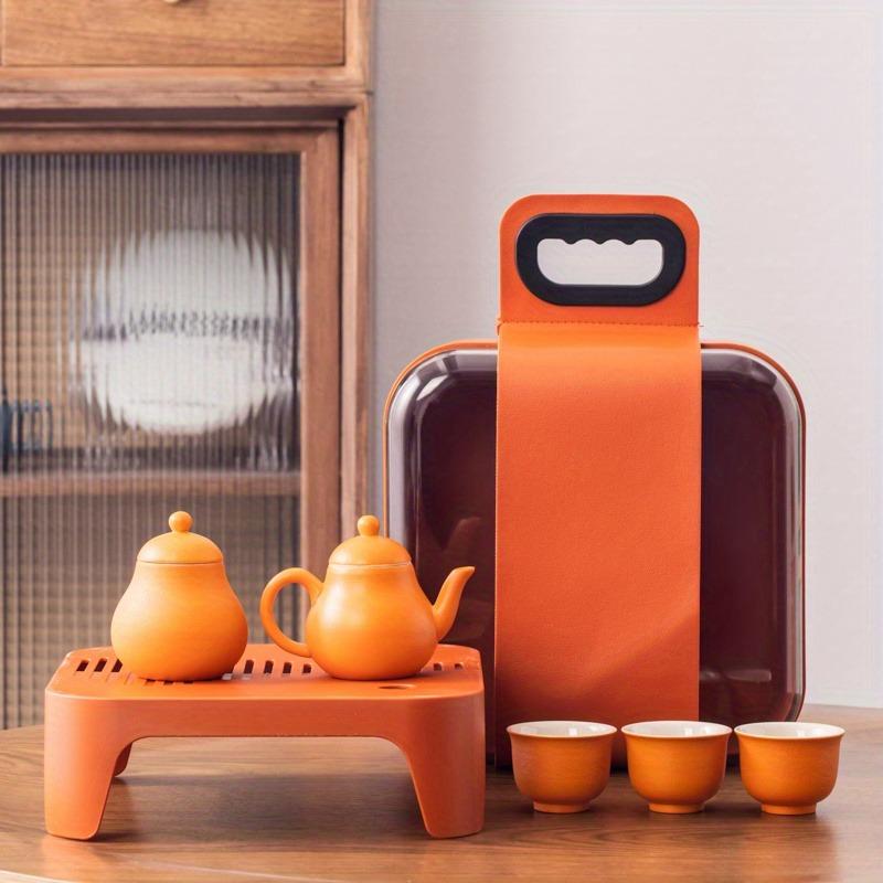 1set Of 6pcs Lucky Orange Ceramic Travel Tea Set Teapot & Cups Portable Tea Kit With Tray & Carrying Case Ideal For Outdoor Camping & Home Use Festive