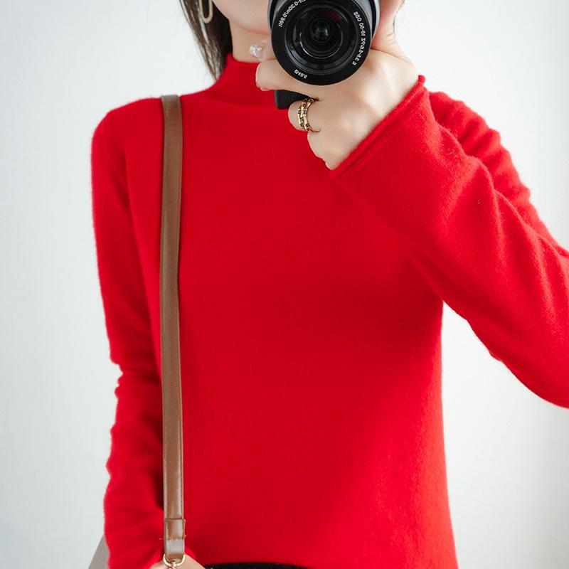 Осенне-зимний женский свитер из чистой шерсти, пуловер с полувысоким закругленным краем, свитер с длинными рукавами, тонкий трикотаж