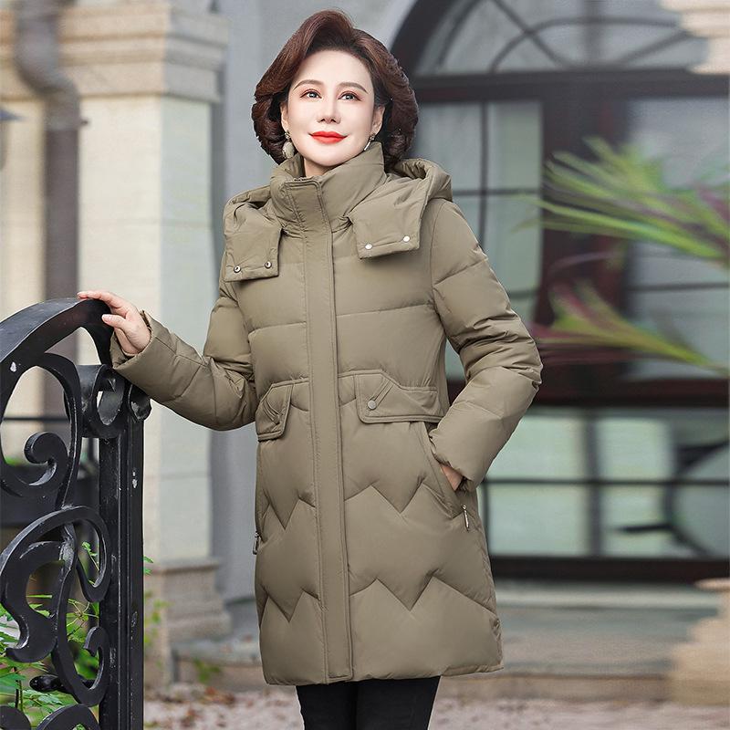 Женская удлиненная пуховая куртка с капюшоном - Теплое зимнее пальто из пуха белой утки для мам среднего возраста (2025)