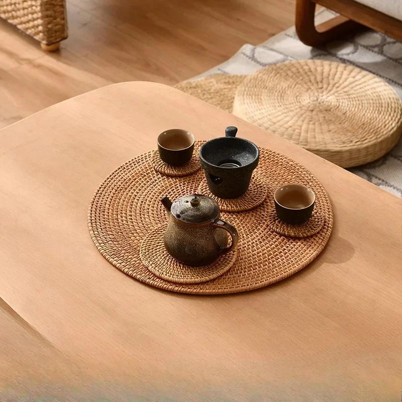 8-20cm Round Natural Rattan Cup Mat Coasters Hand Woven Hot Insulation Placemats Table Padding Kitchen Decoration Accessories