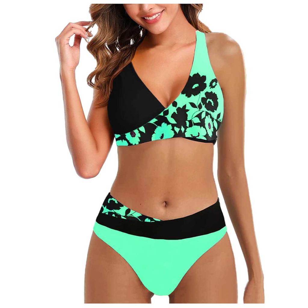 Women's Fashion Split High Waist Printed Bikini With Bra Pads And No Steel Bra Swimsuit