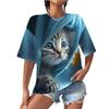 Женский цифровой принт с круглым вырезом и короткими рукавами, милый 3D-топ с изображением кота, повседневные свободные футболки для женщин