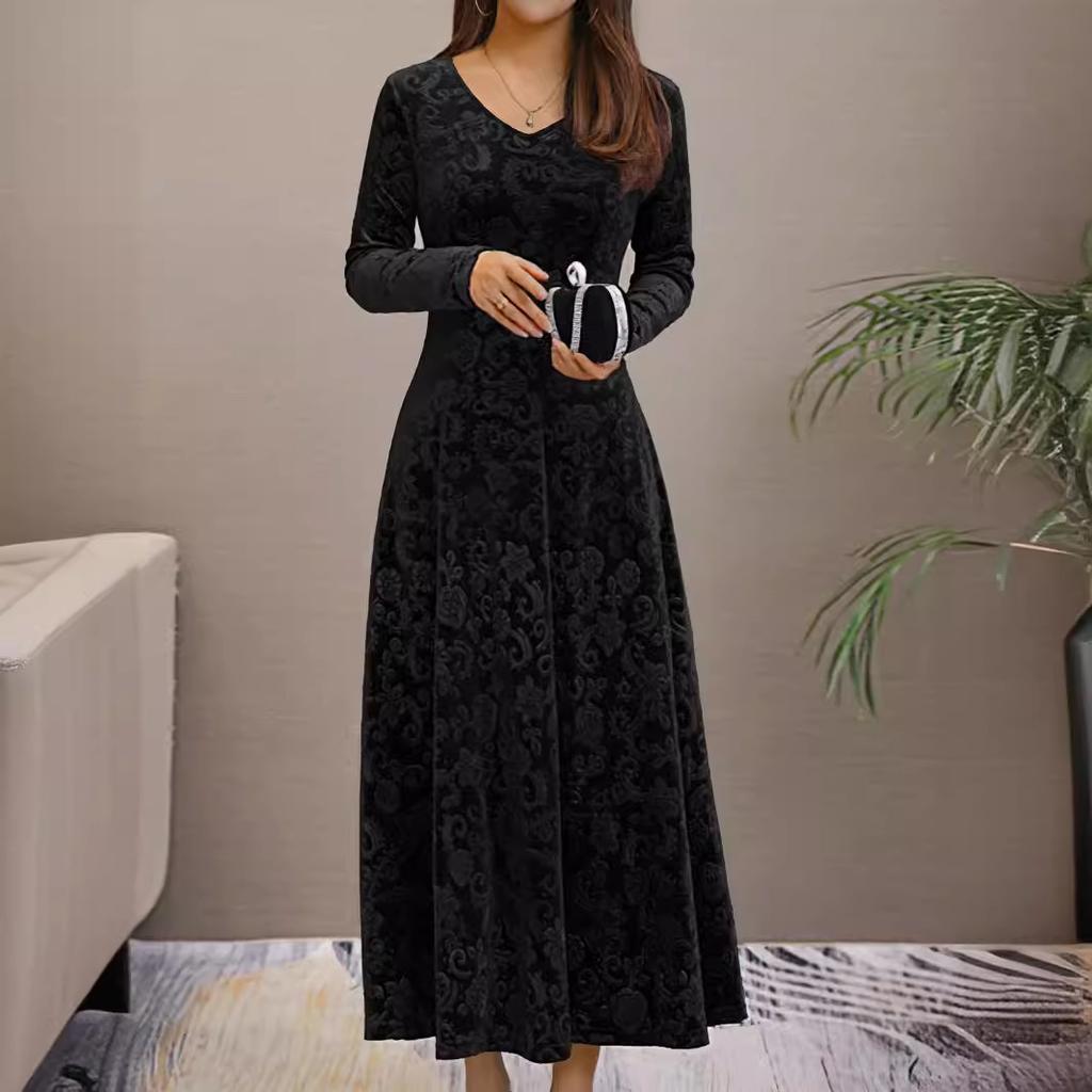 Весенне-осеннее новое элегантное платье из высококачественного бархата с цветочным принтом в европейском и американском стиле, с длинным рукавом, облегающее талию, нижнее платье