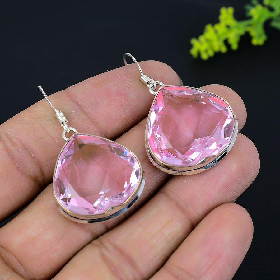 Pink Kunzite Gemstone Handmade 925 Sterling Silver Jewelry Earring 1.77" K7l03
