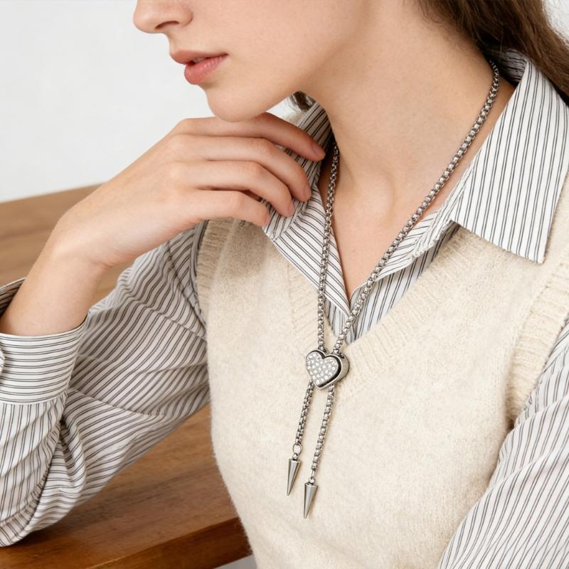 Элегантное ожерелье в форме сердца, украшенное стразами, унисекс, из нержавеющей стали, с регулируемой длиной, для подарка и повседневного ношения