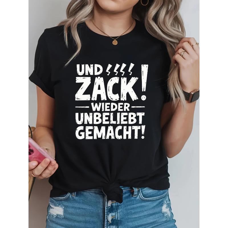 Plus Size, UND ZACK WIEDER UNBELIEBT GEMACHT Letter Print Plus Size Women's T-shirt, Short Sleeve Crew Neck Casual Top for Summer & Spring,