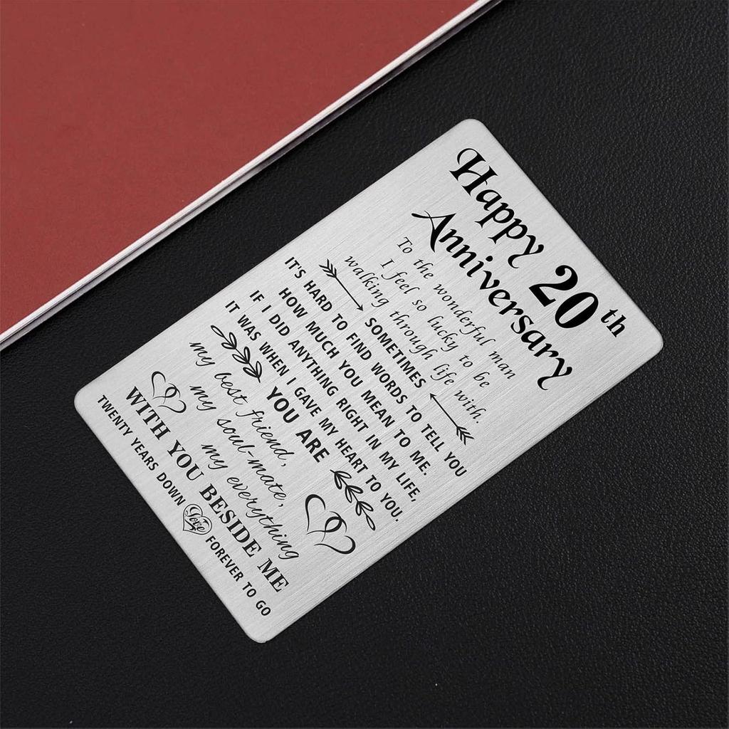 TANWIH Happy 20th Wedding Anniversary Card Gifts for Him Husband, 20 Year Anniversary Cards Gift for Men, Engraved Metal Wallet Insert