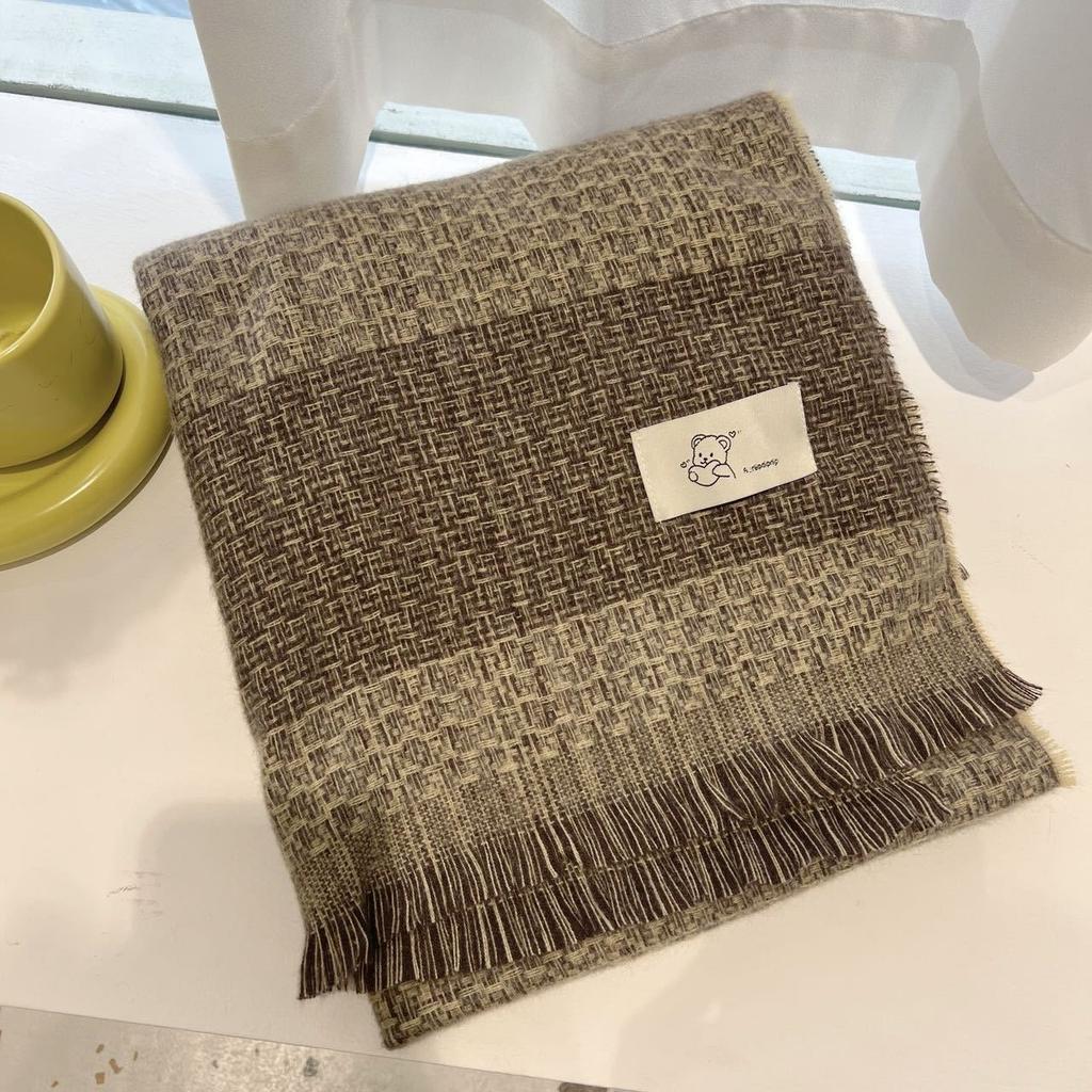Korean Style New Winter Scarf Warm Imitation Cashmere Tassel Cute Bear Logo Scarf Fashionable and Versatile Women's Shawl