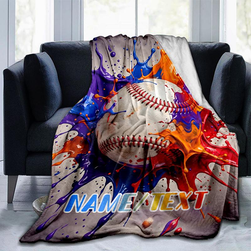 1PC Custom Name Baseball Splash Artwork flannel blanket versatile,all-season throw suitable for the living room,bedroom,camping,travel,and gift