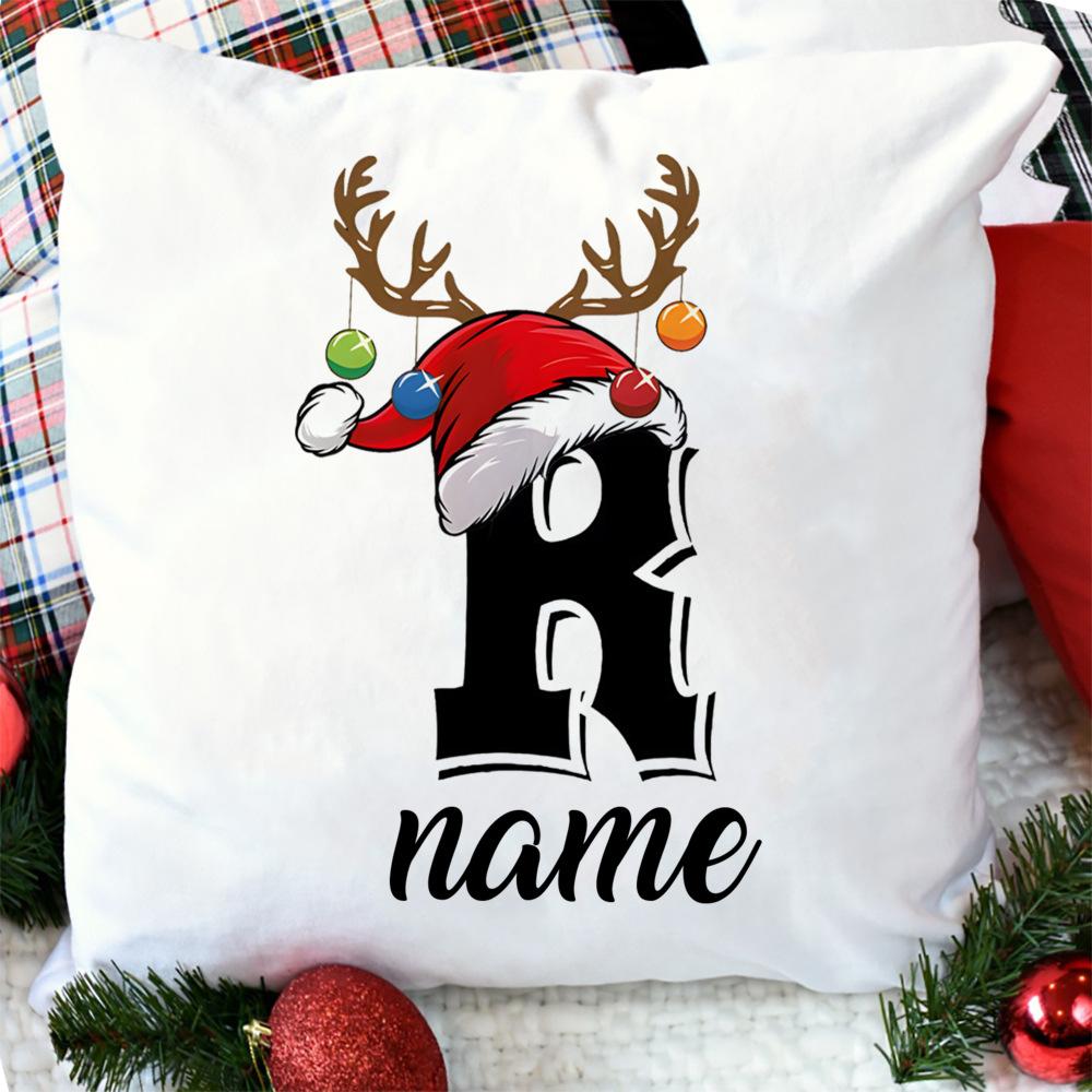Personalised Christmas Pillow Case Initial with Name Cushion Cover Xmas Party Decor Home Pillowcase Xmas Gift for Family Friends