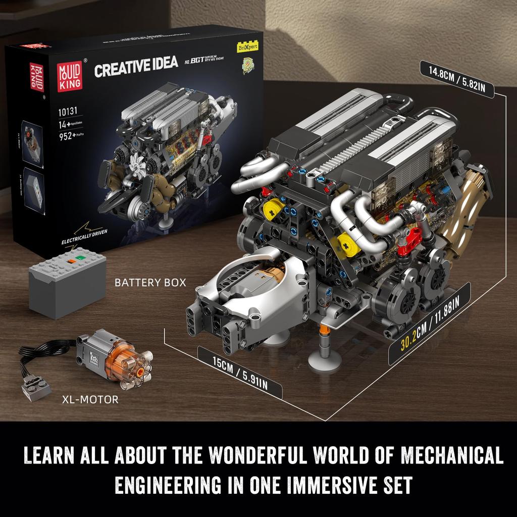 Mould King 10131 Технология Блок двигателя W16 952 детали Набор блока двигателя Подарок для мальчиков и девочек Игрушка,