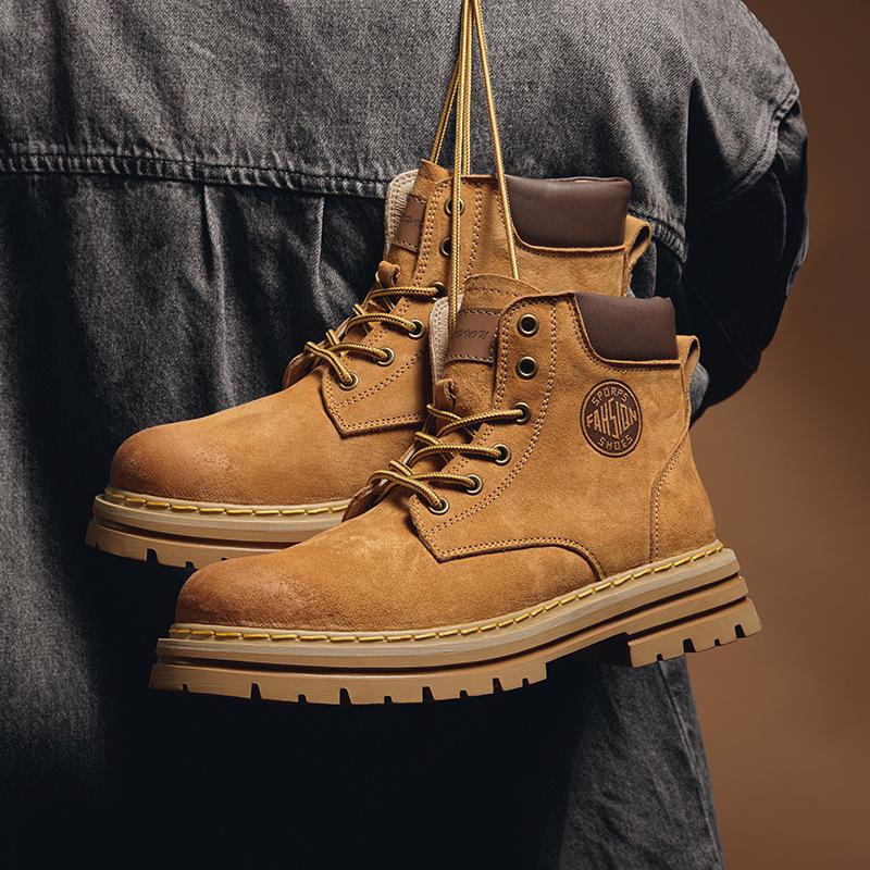 Мужские бархатные высокие ботинки Martin: Желтые зимние рабочие и снегоступы из натуральной кожи, хлопковая обувь для пар.