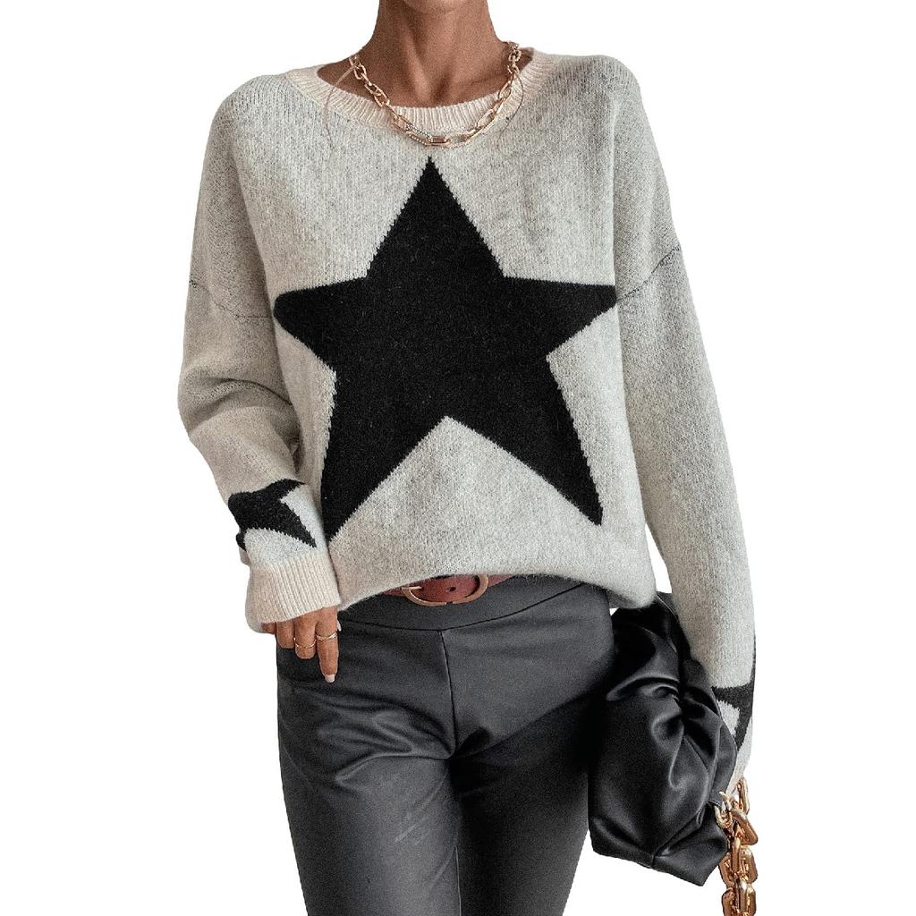 Women's Star Print Long Sleeve Crewneck Sweater Drop Shoulder Pullover Tops