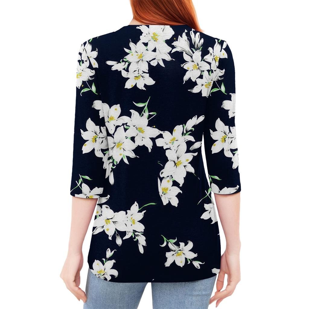 Женская мода повседневный свободный топ с рукавом 3/4 и круглым вырезом