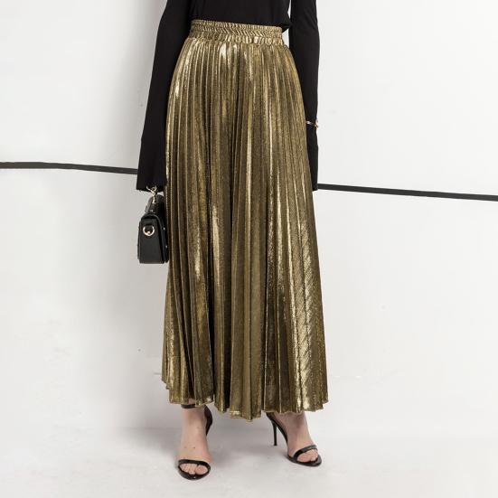 Women Maxi Skirt Elastic High Waist Pleated Golden Long Skirt Slimming Design Spring Summer Skirt Work Leisure Travel Wear