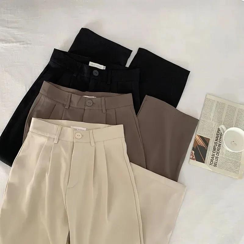 Women High Waist Suit Pants Fall Straight Office Ladies Korean Fashion Trousers Casual Button Loose Female Black Pant New