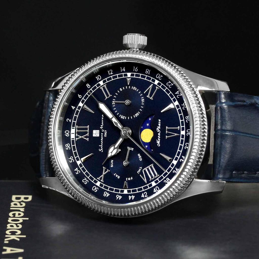 Часы Moon Phase Multi Calendar 5 ATM Water Resistant Business Formal Leather Belt Limited Model Silver Blue [Salvatore Mara] Men's SM24110-SSBL