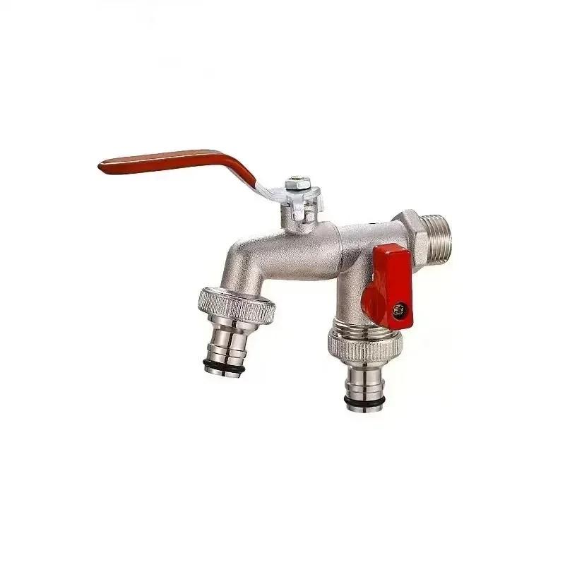 1xbrass Water Faucet Garden Tools 1/2" Connection Classic Dual-outlet Garden Faucet Easy Install With Brass Ball Valve