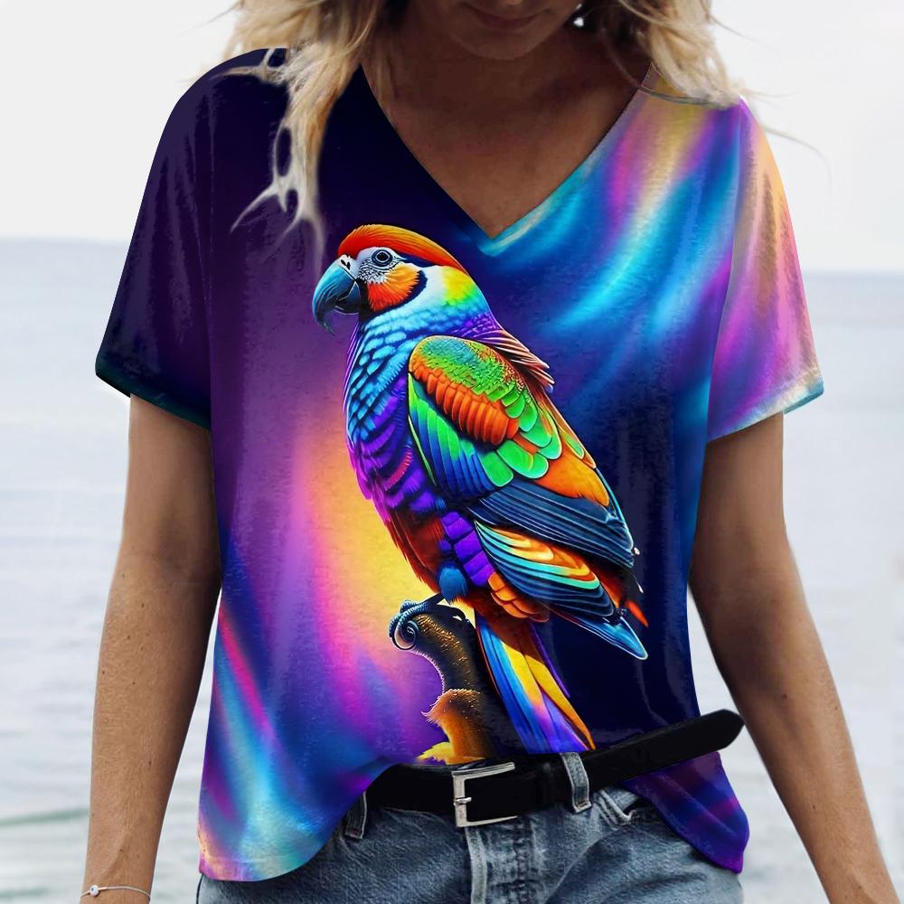 Женская летняя футболка с коротким рукавом, свободная одежда больших размеров, топы с v-образным вырезом, топы с принтом животных и птиц, женские повседневные футболки, одежда 2024