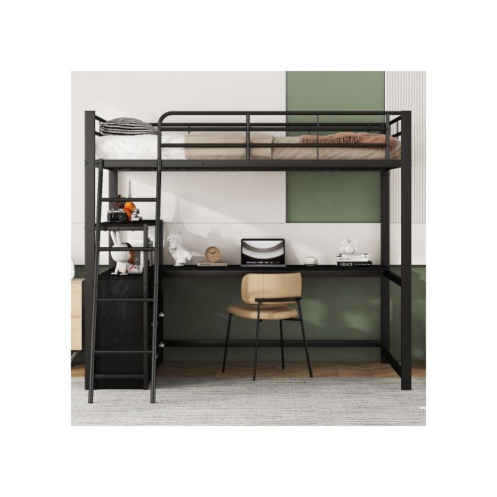 Lit mezzanine - MUVOE - 140x200cm - Bureau en L - Tiroirs pratiques - Métal noir