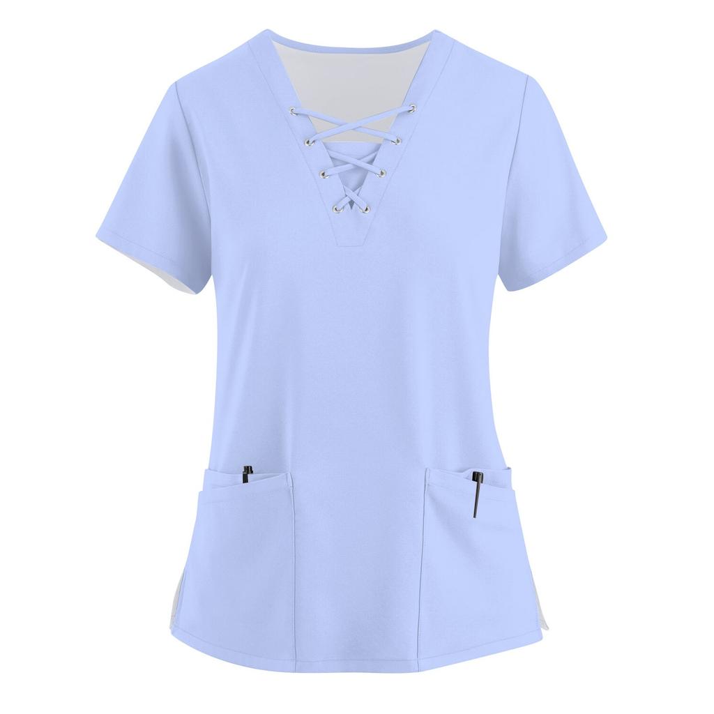 Shortsleeved Womens Vneck Work Fashionable Clothes With Drawstrings And Pockets Solid Color Tops And Protective Clothing