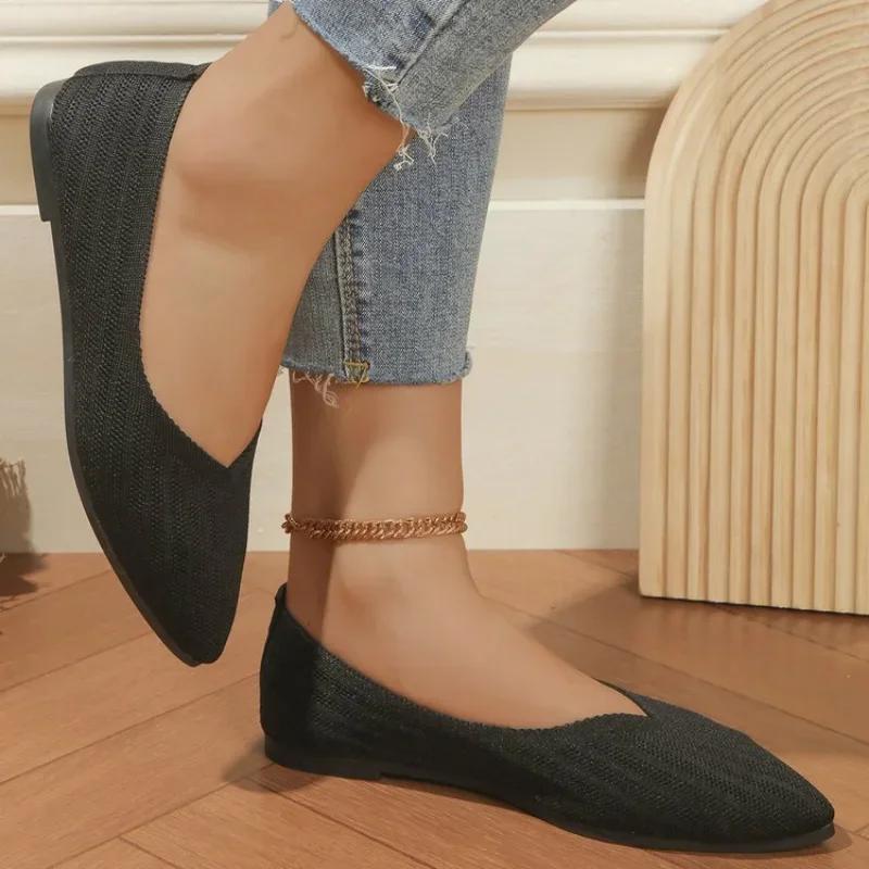 Женские туфли на плоской подошве с круглым носком. Удобные вязаные балетки на плоской подошве. Повседневная обувь без шнуровки на мелкой подошве. Офисные топсайдеры. Мокасины больших размеров.