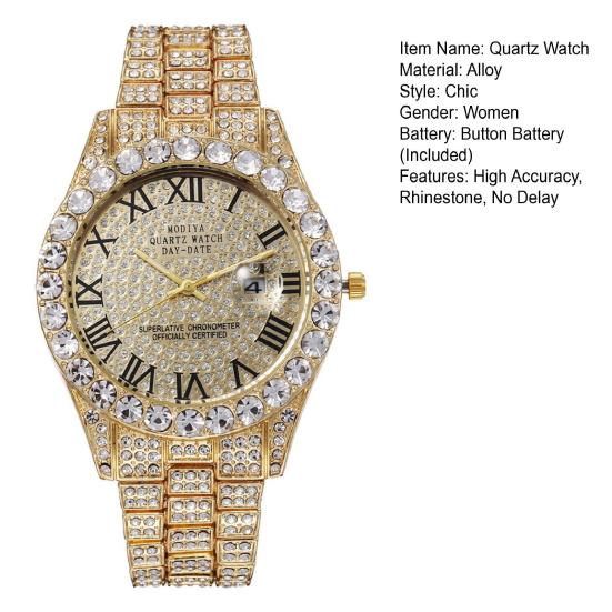 Женские кварцевые часы, круглый циферблат, сплав, декор со стразами, римский янтарный календарь, без задержки, проверка времени, высокая точность, наручные часы для деловых поездок