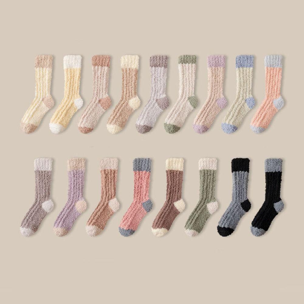 3Pairs Sleeping Coral Fleece Socks Winter Mid Tube Socks Women Solid Color Floor Plush Socks Autumn