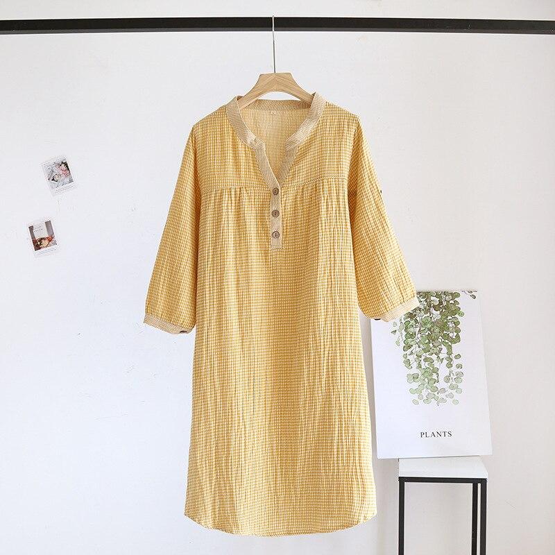 Spring and Autumn New Women's Long Skirt 100%cotton Gauze Plaid Nightdress Long-sleeved Home Skirt Simple V-neck Skirt Nightgown