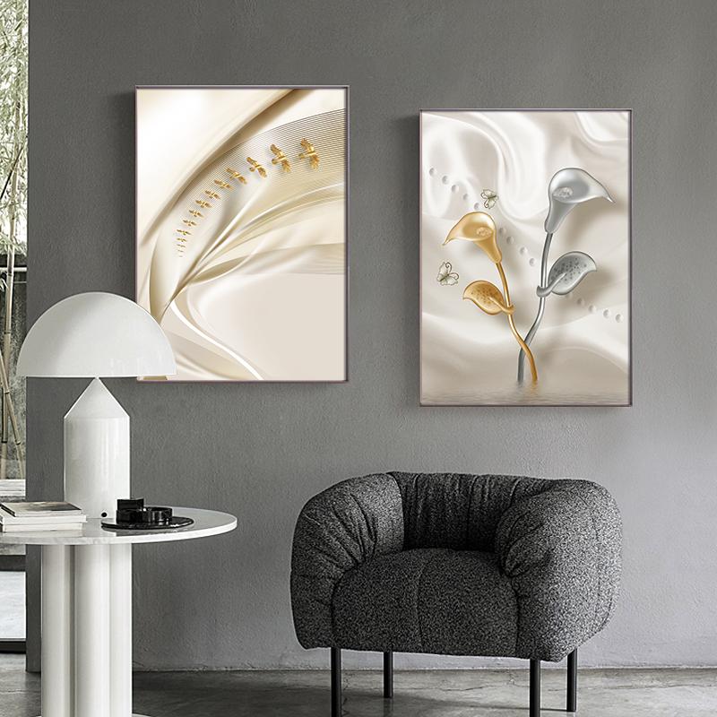 Golden Silver Birds Flower Canvas Poster Light Luxury Abstract Art Print Painting Modern Wall Picture Living Room Home Decor