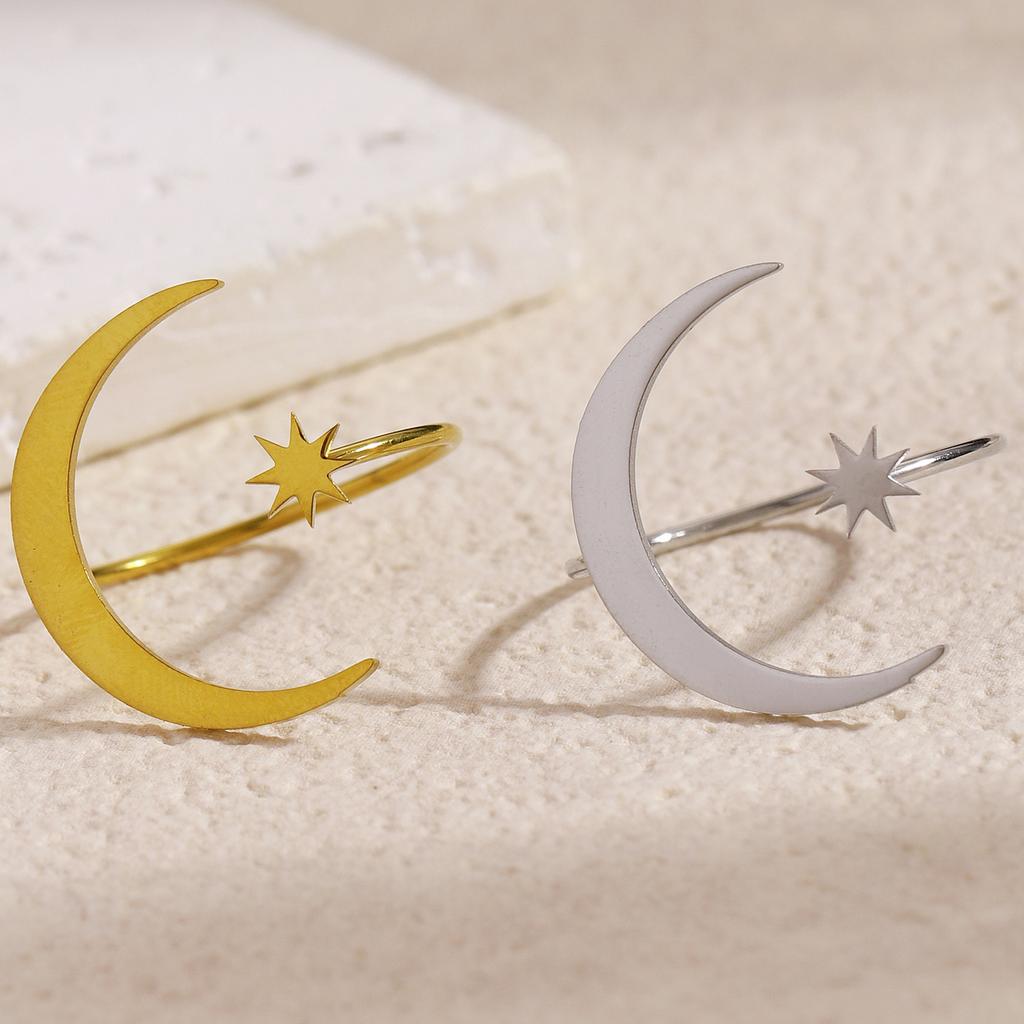 High-End Stainless Steel Open Ring European American Asymmetric Star Moon Design Feminine Temperament Versatile Daily Women Finger Ornament