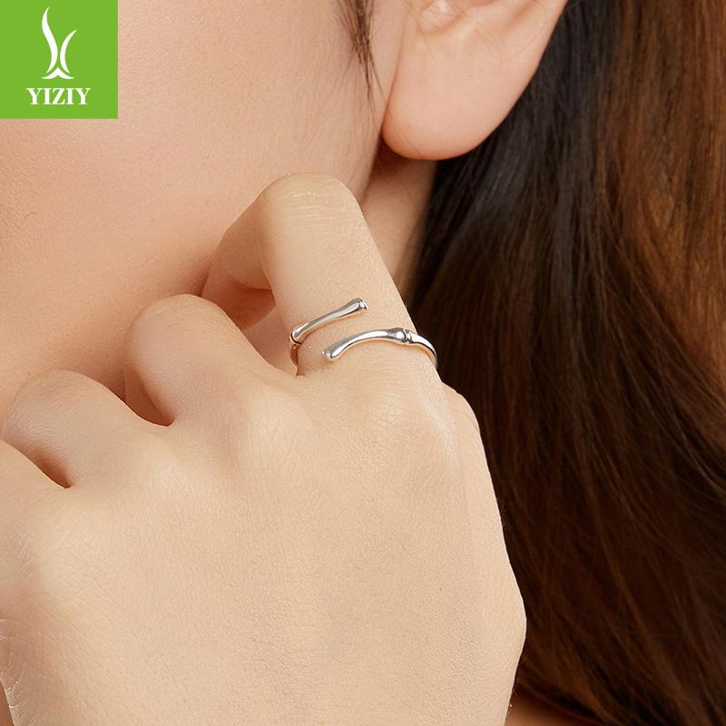 S925 Sterling Silver Simple Bamboo Open Ring, Cross-Border Fashion Minimalist Style Adjustable Ring Jewelry