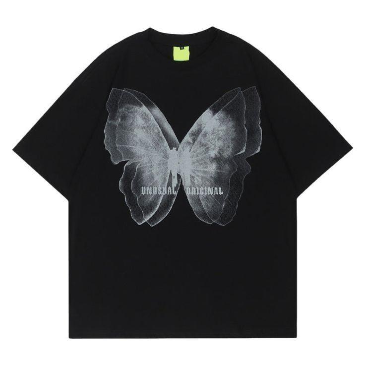 Black Oversized T-Shirt Faded Grey Butterfly Unusual Original Text Minimal Stree