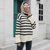 Autumn and Winter Women's Sweater Striped Side Split High Neck Mid-Length Loose Casual Comfortable Sweater