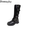 Fashion Women High Knight Boots Fashion Belt Buckle Slip On Long Booties Retro Style Autumn Winter Female Elegant Low Heel Shoes