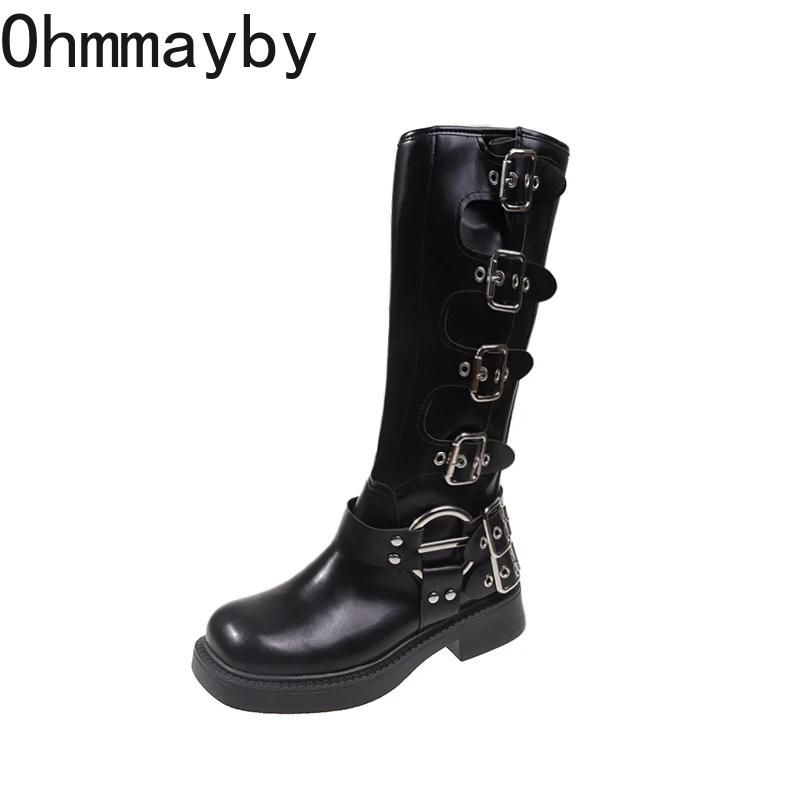 Fashion Women High Knight Boots Fashion Belt Buckle Slip On Long Booties Retro Style Autumn Winter Female Elegant Low Heel Shoes