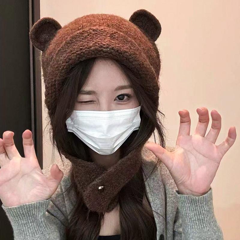 Женская зимняя японская симпатичная вязаная шапка-бомбер с ушками, круглая шапка с медвежьими ушками, защитные шапочки-бини