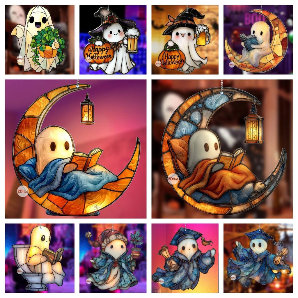 Halloween New Moon Bedtime Reading 2D Flat Acrylic Festive Atmosphere Decorative Pendant