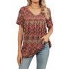 Women Boho Floral Leaf Geometric Print V Neck Tunic Top, Short Sleeve Front Pleated Flowy Hem Loose Fit Casual Daily Blouse