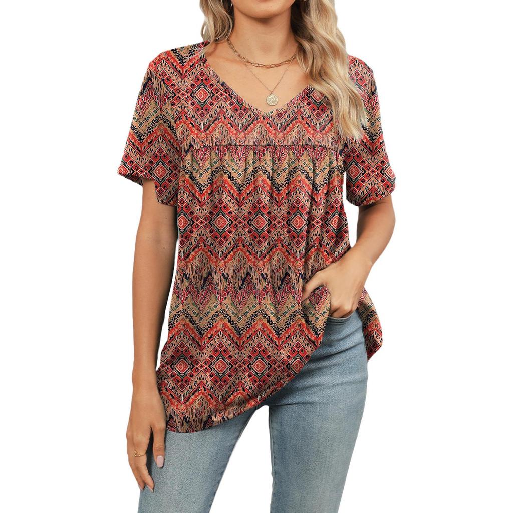 Women Boho Floral Leaf Geometric Print V Neck Tunic Top, Short Sleeve Front Pleated Flowy Hem Loose Fit Casual Daily Blouse