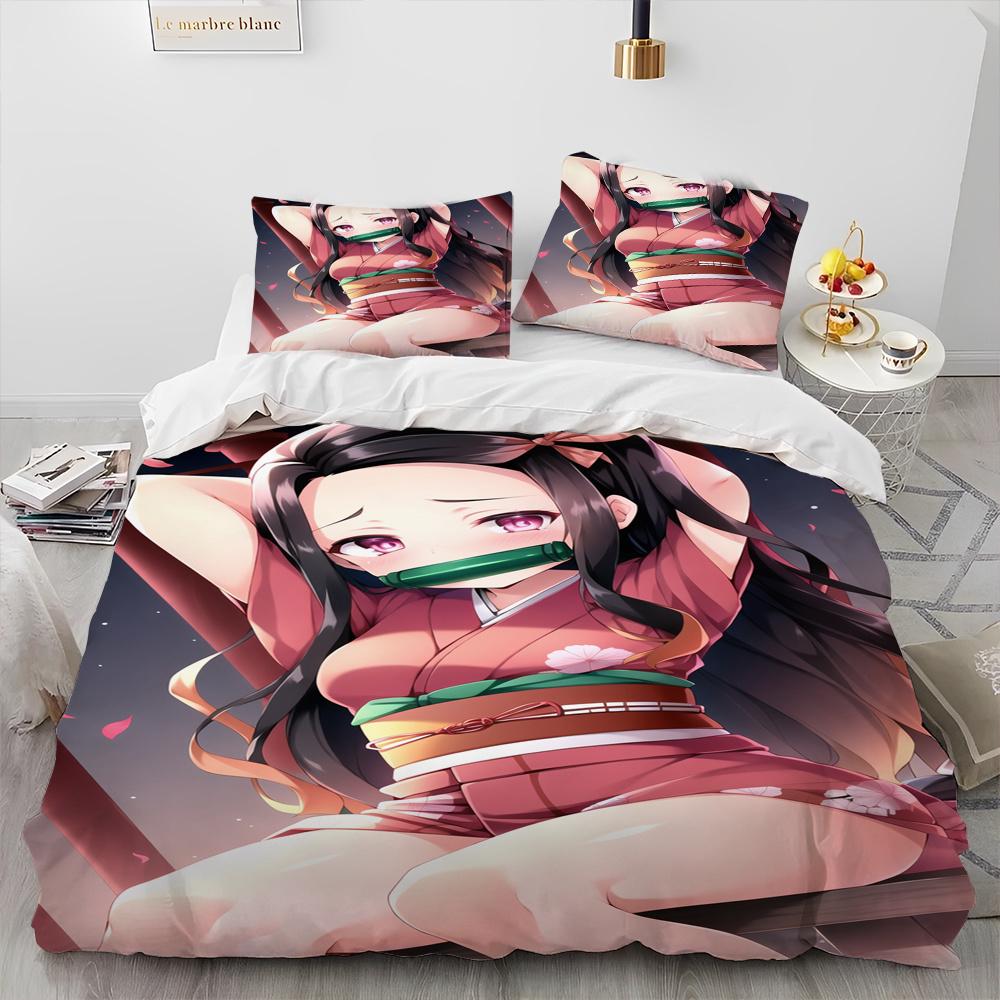 Demon Slayer Bedding Set Kamado Nezuko Duvet Cover Set Bedspread Pillowcase King Queen Full Single Size Bed Linen Kids Teen Gift
